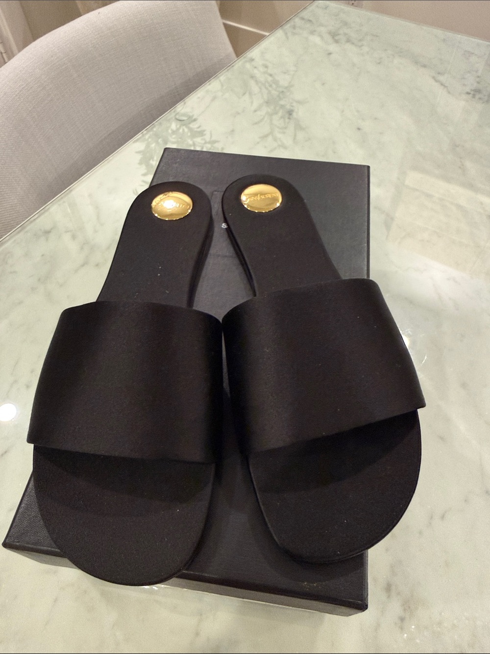 Saint Laurent Black Slides with Gold Medallion